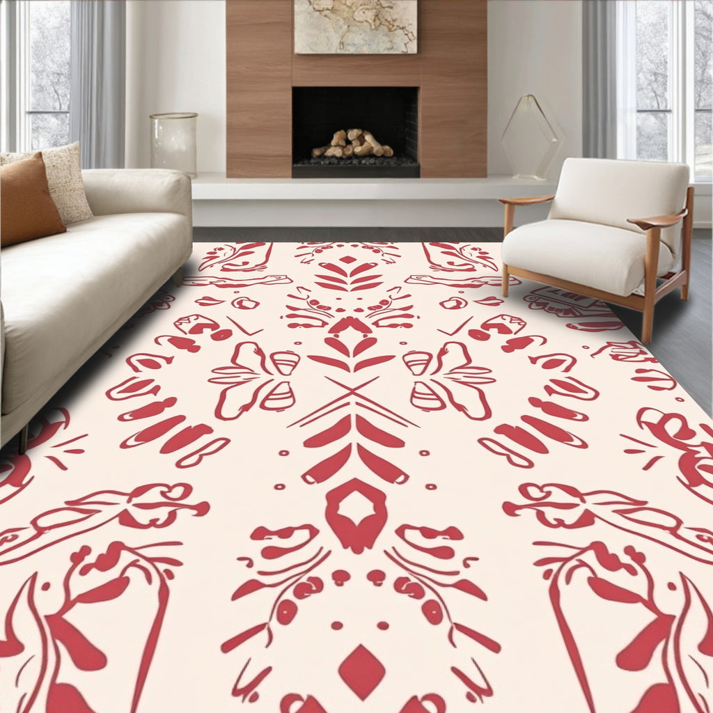 Ornate Red Cream Sketch Pattern Rug