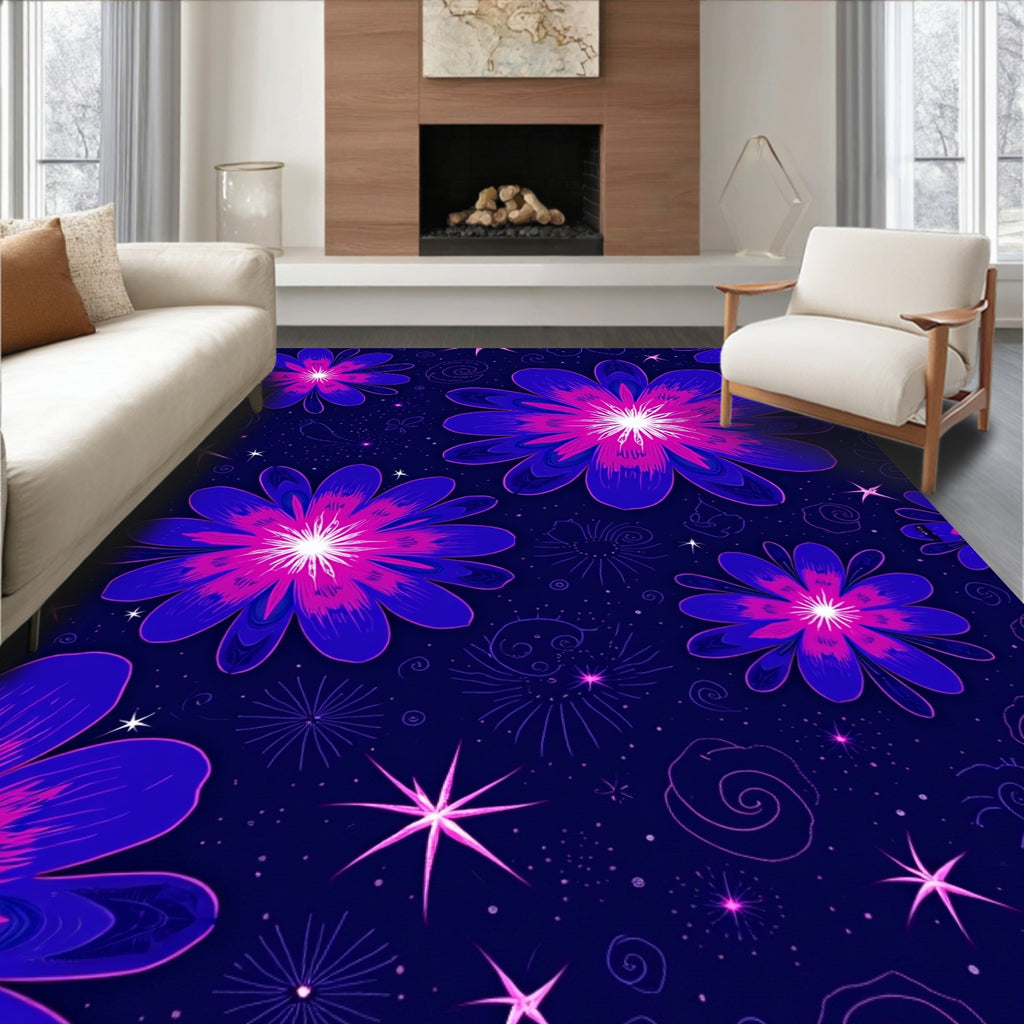 Cosmic Blue Pink Floral Swirl Rug