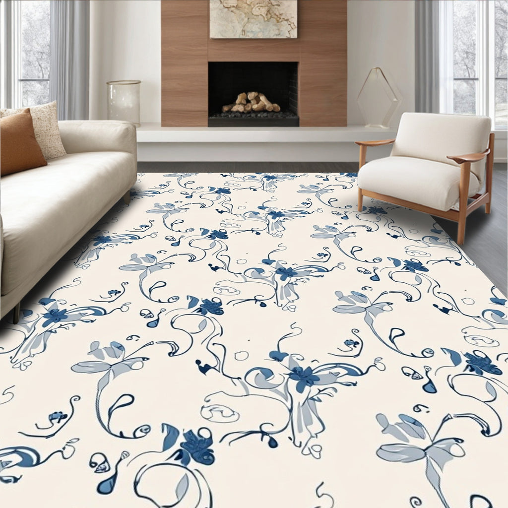 Delicate Blue Floral Swirl Pattern Rug