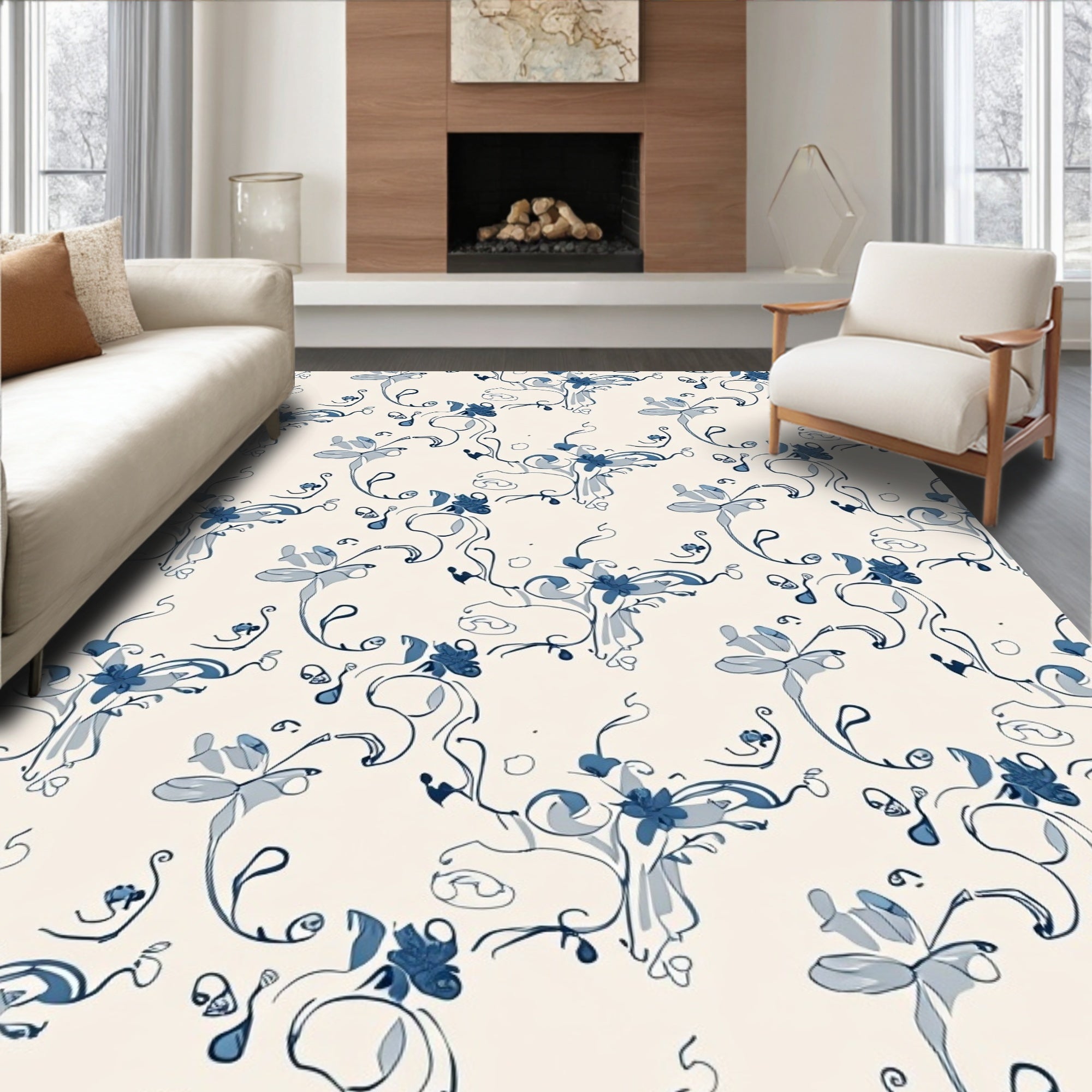 Delicate Blue Floral Swirl Pattern Rug