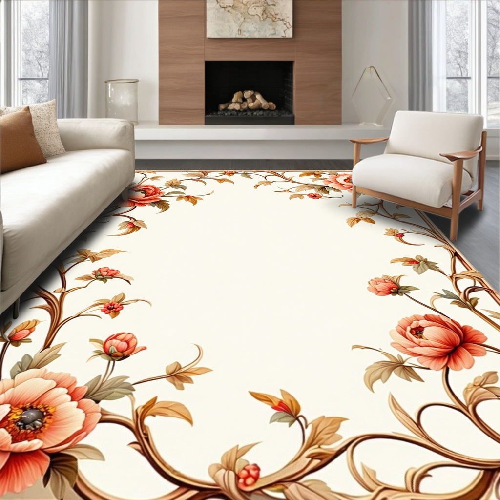 Elegant Coral Floral Vine Pattern Rug