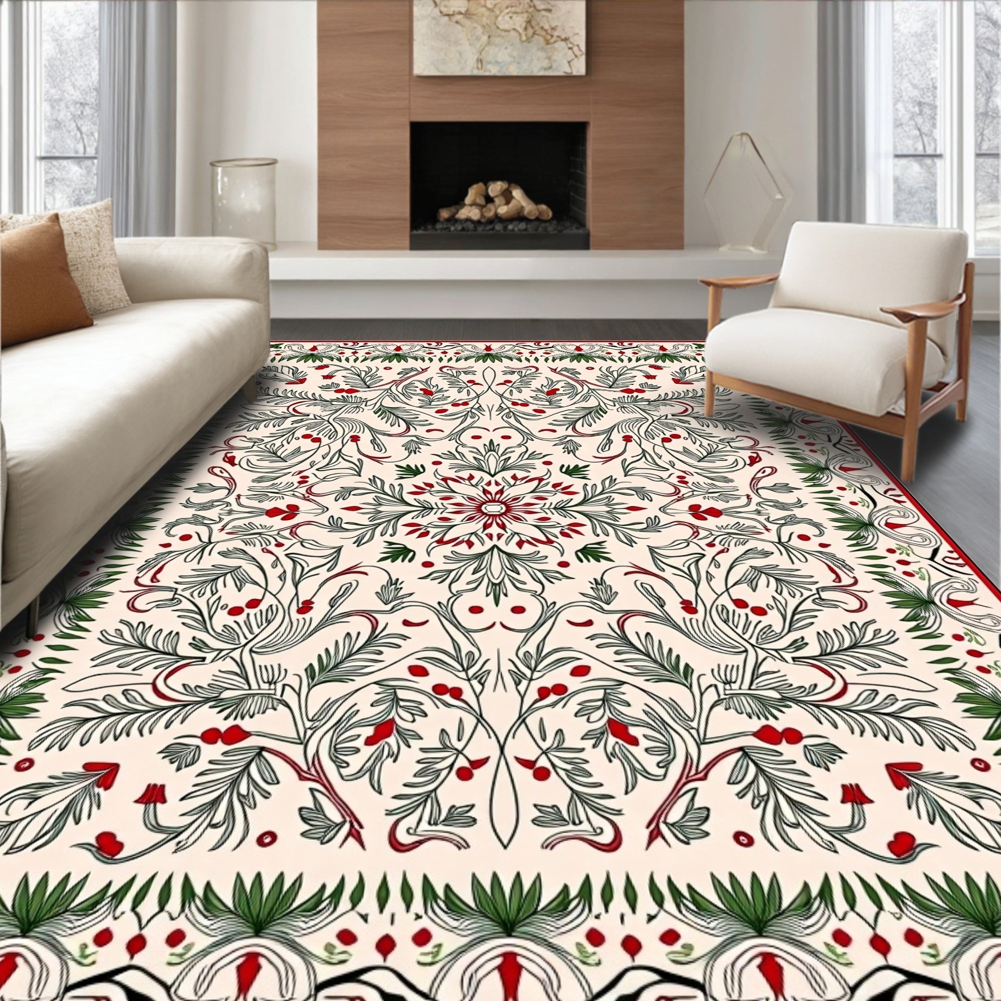 Crimson Cherry Blossom Scrollwork Medallion Rug