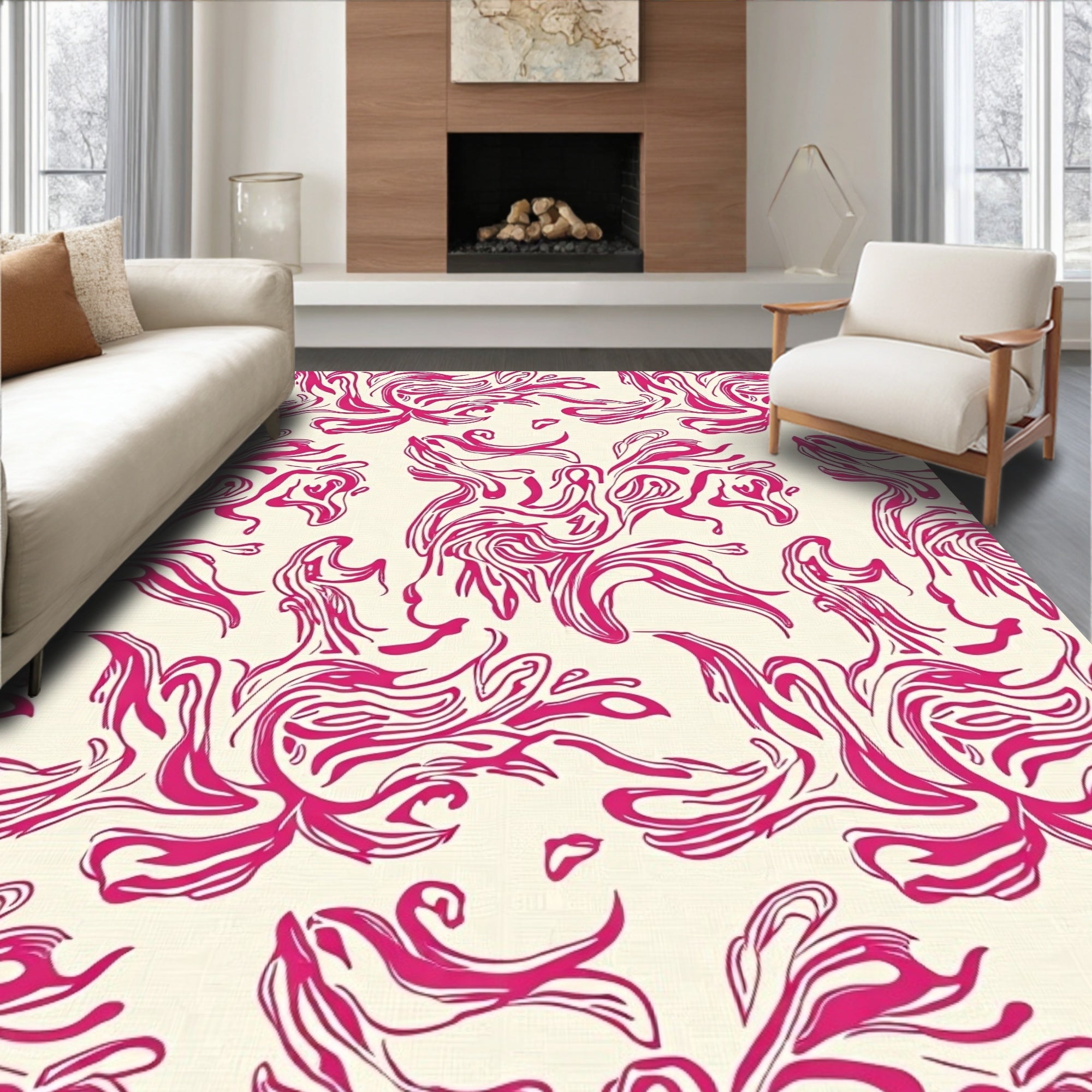 Abstract Pink Swirls On Cream Background Rug