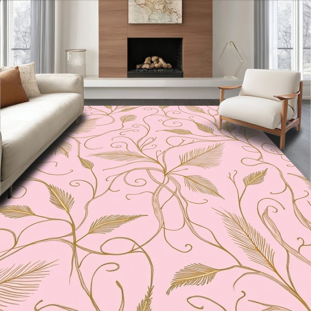 Elegant Pink Gold Floral Scroll Rug