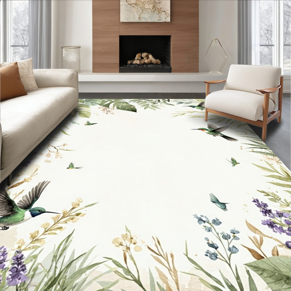 Hummingbirds and 2 Floral Watercolor Art Rug