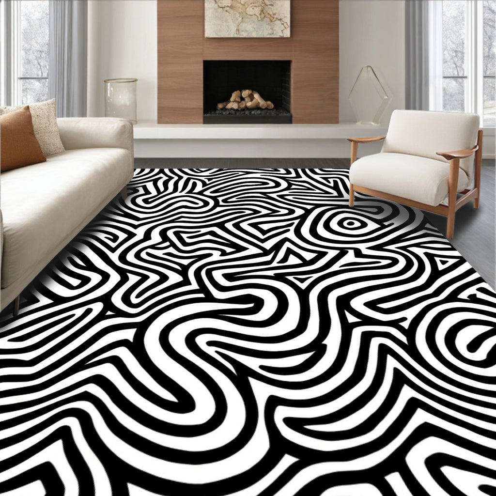 Abstract Black White Maze Pattern Rug