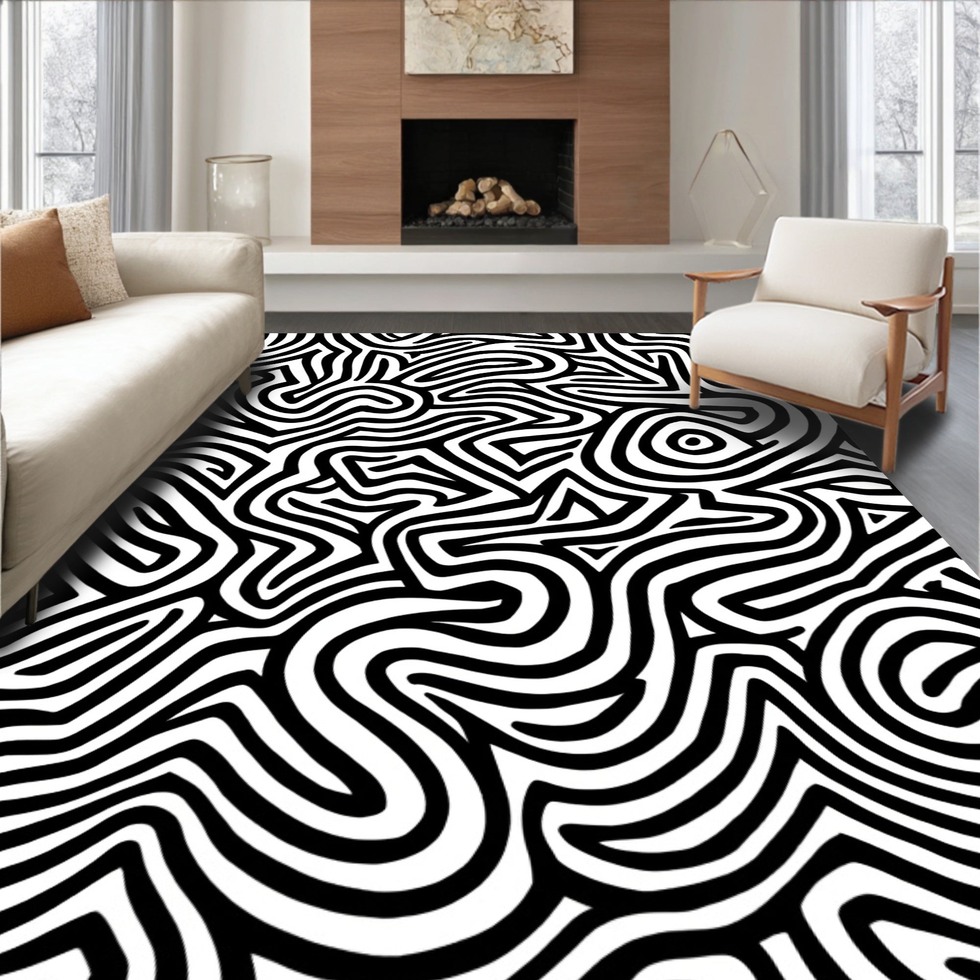 Abstract Black White Maze Pattern Rug
