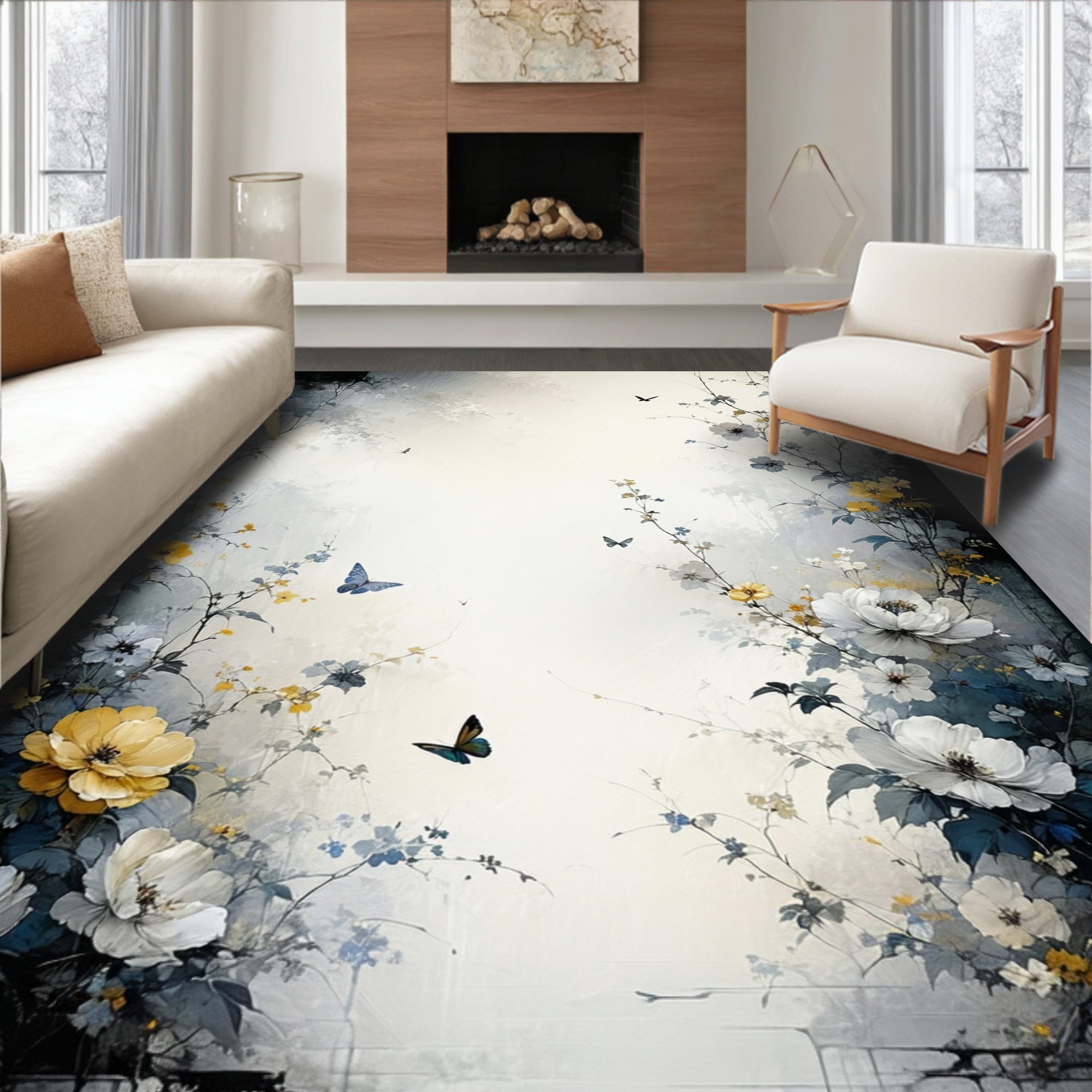 Whimsical Floral Butterfly Garden Design Rug