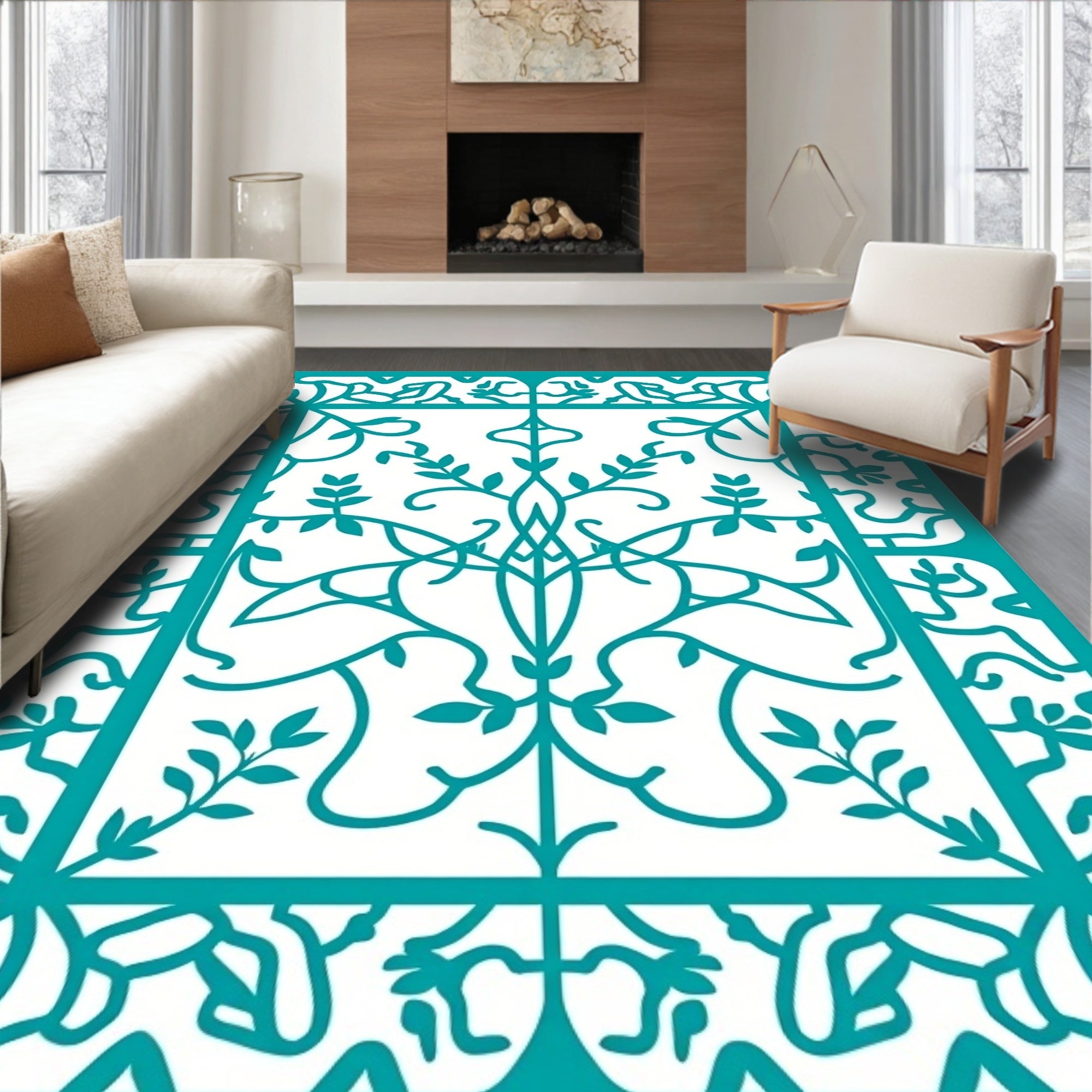 Intricate Teal Floral Vine Pattern Design Rug