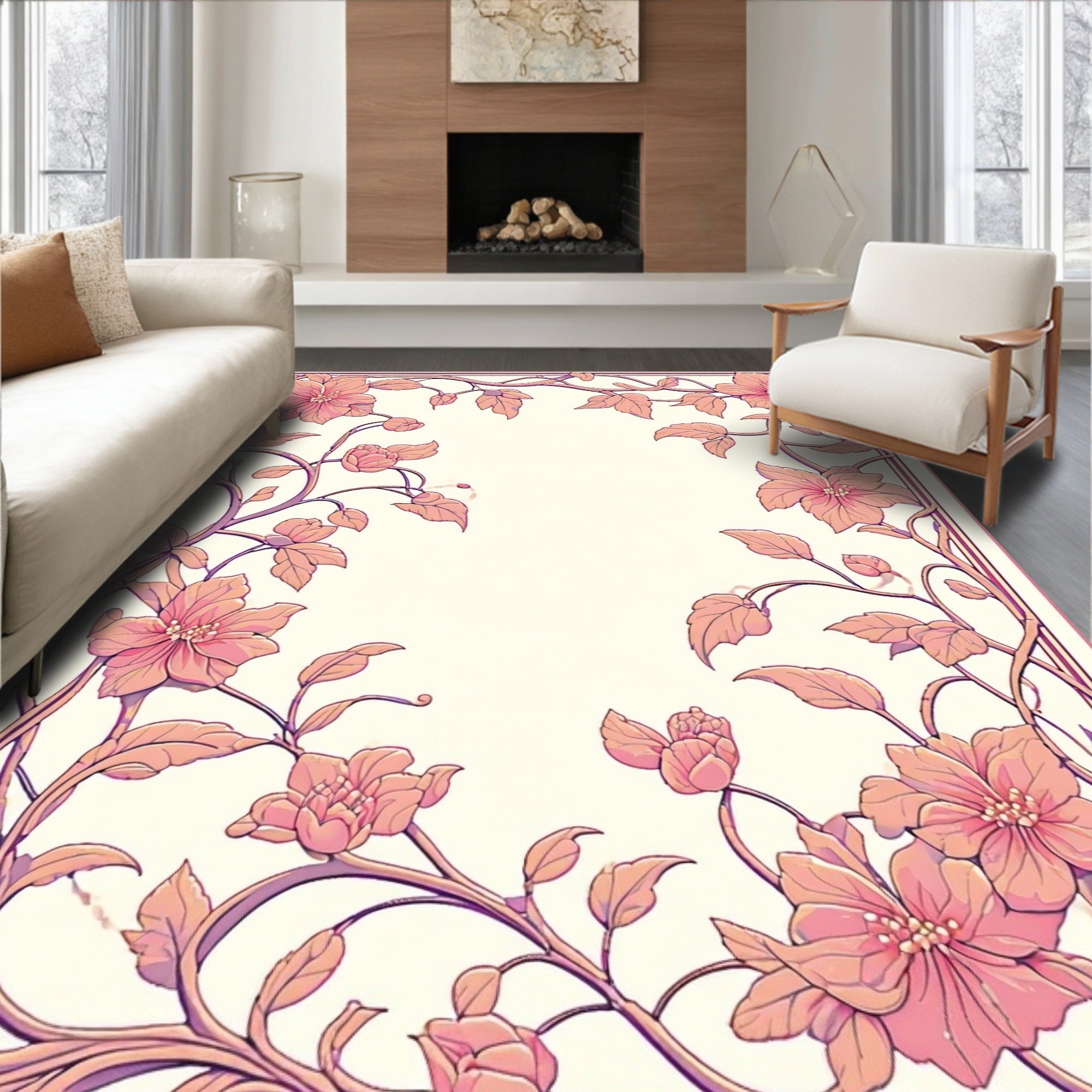 Pink Floral Vine Art Nouveau Rug