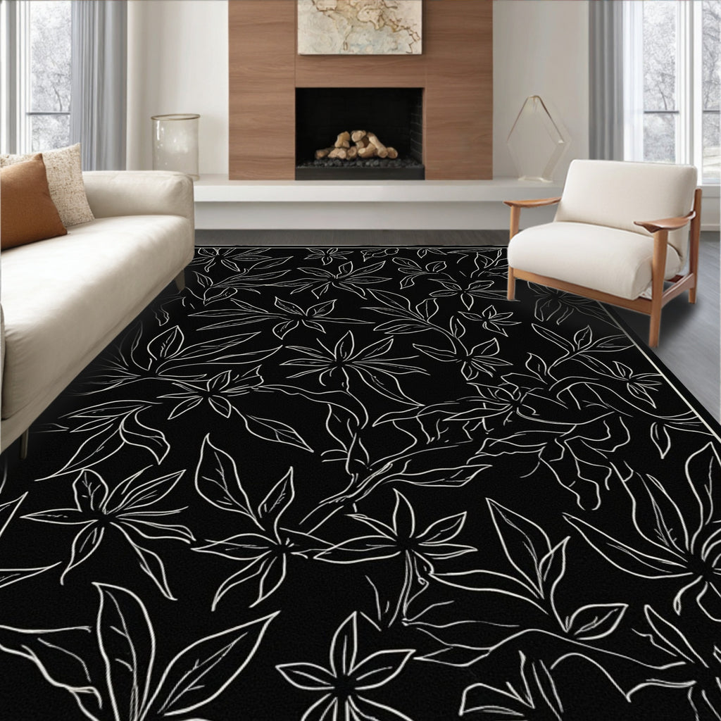 Chic Black White Botanical Pattern Rug