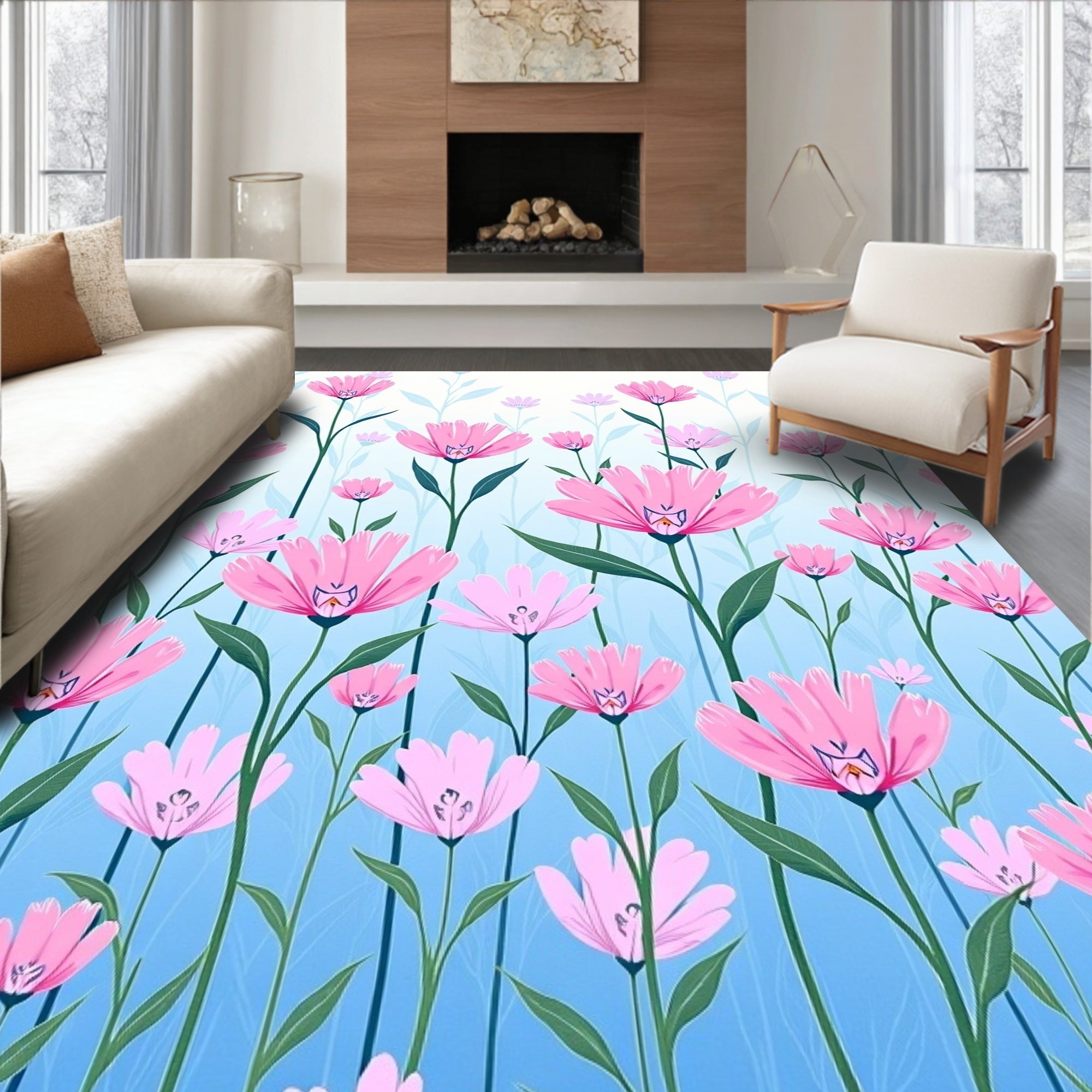 Pink Open Petal Floral Garden Gradient Rug