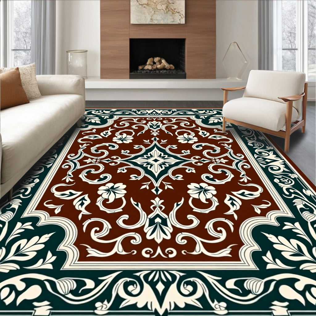 Ornate Floral Scrollwork Square Pattern Rug