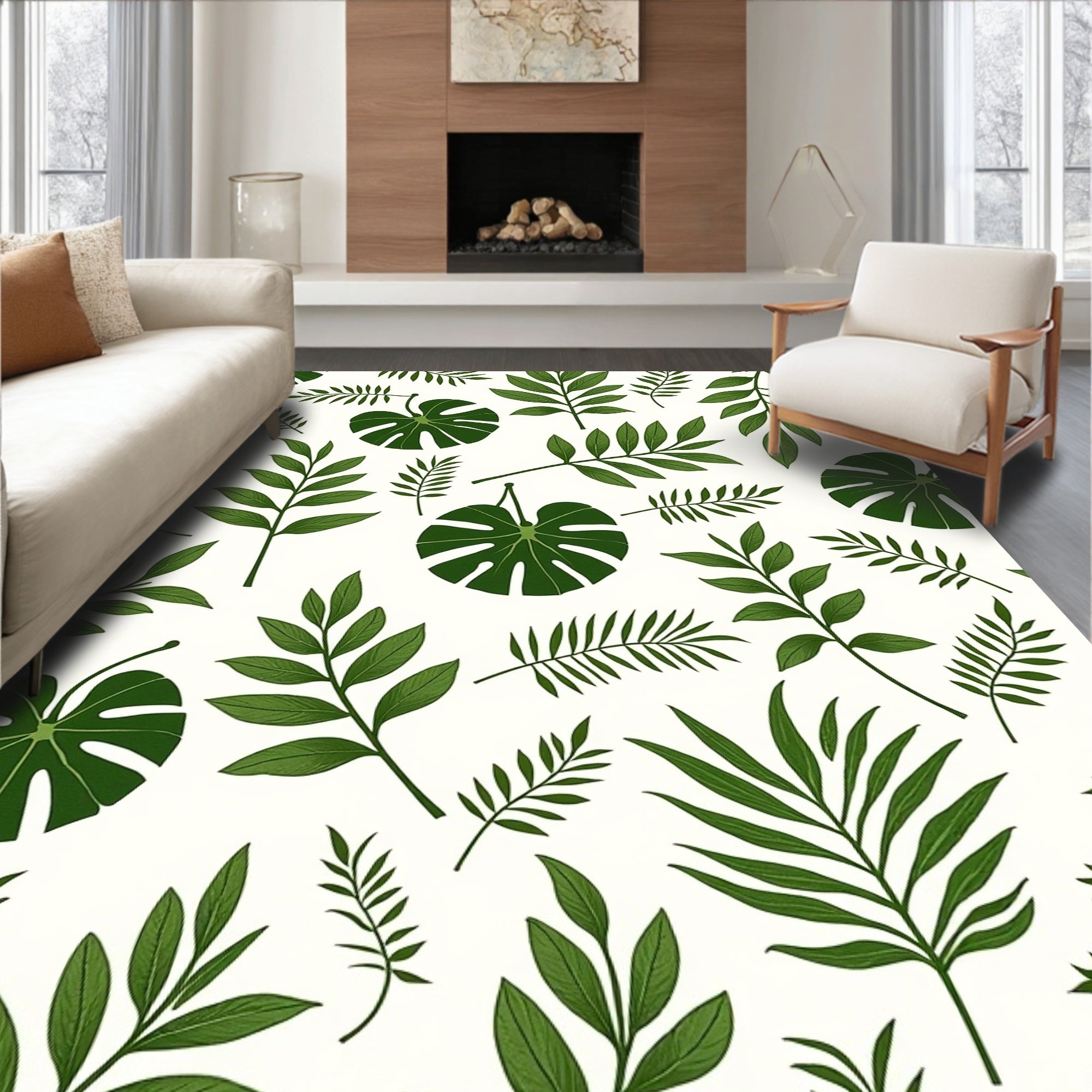 Green Topical Leaf Pattern Rug