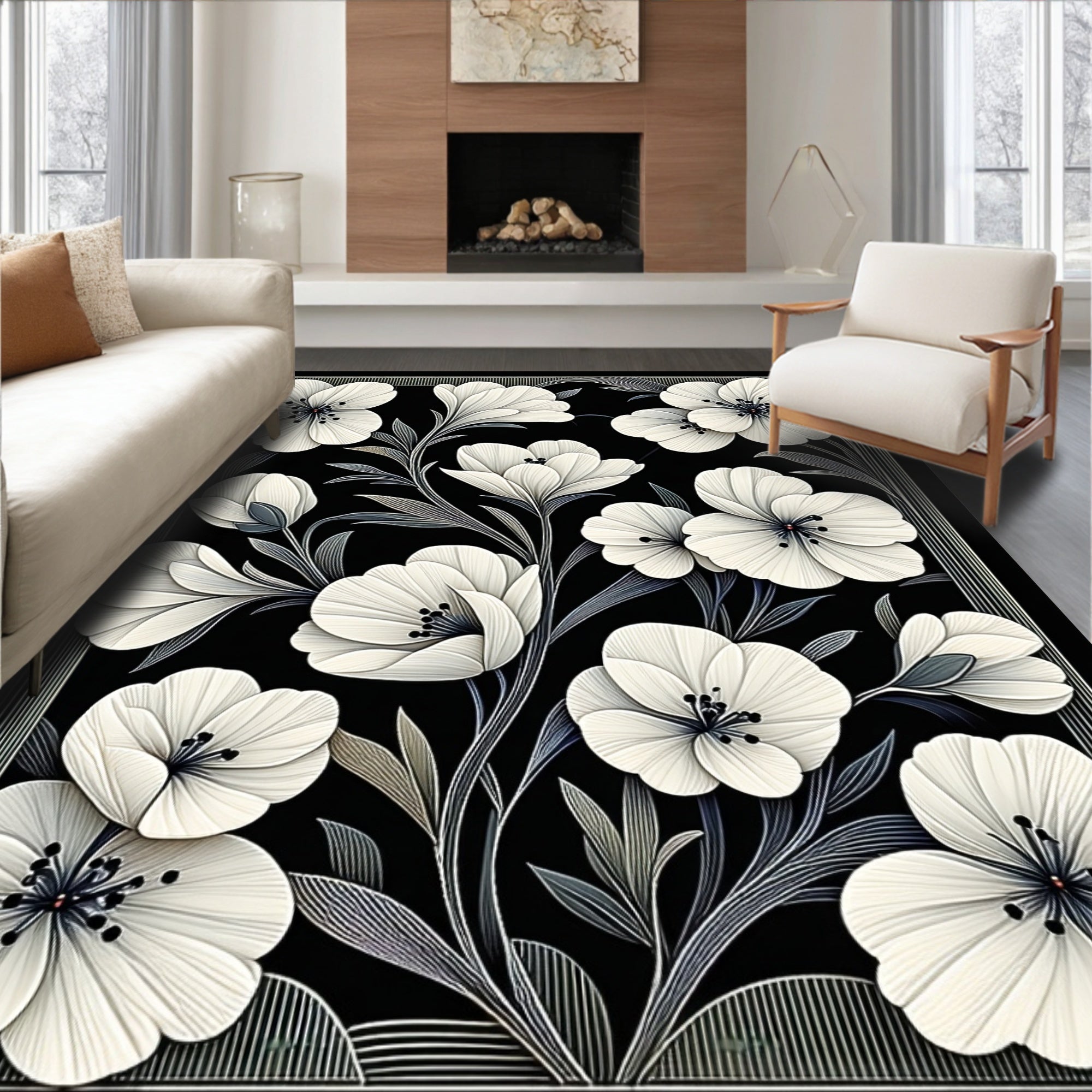 Monochromatic Floral Outline Design Rug
