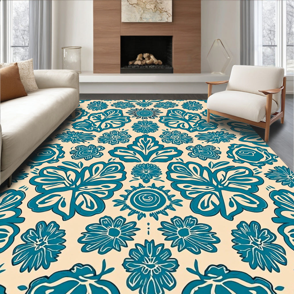 Teal Floral Vine Inspired Pattern Rug