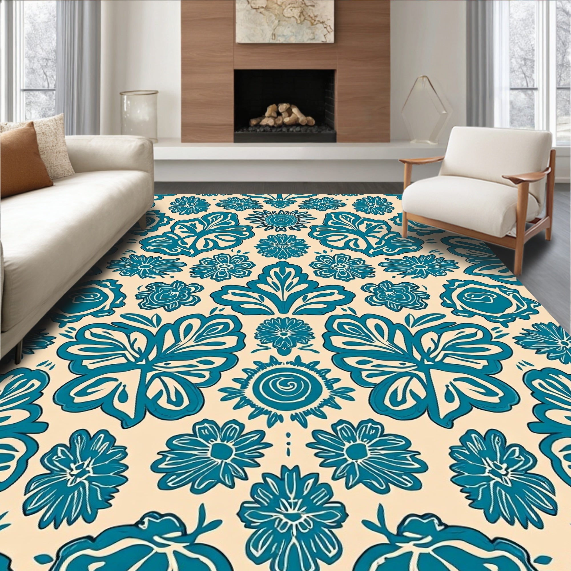 Teal Floral Vine Inspired Pattern Rug