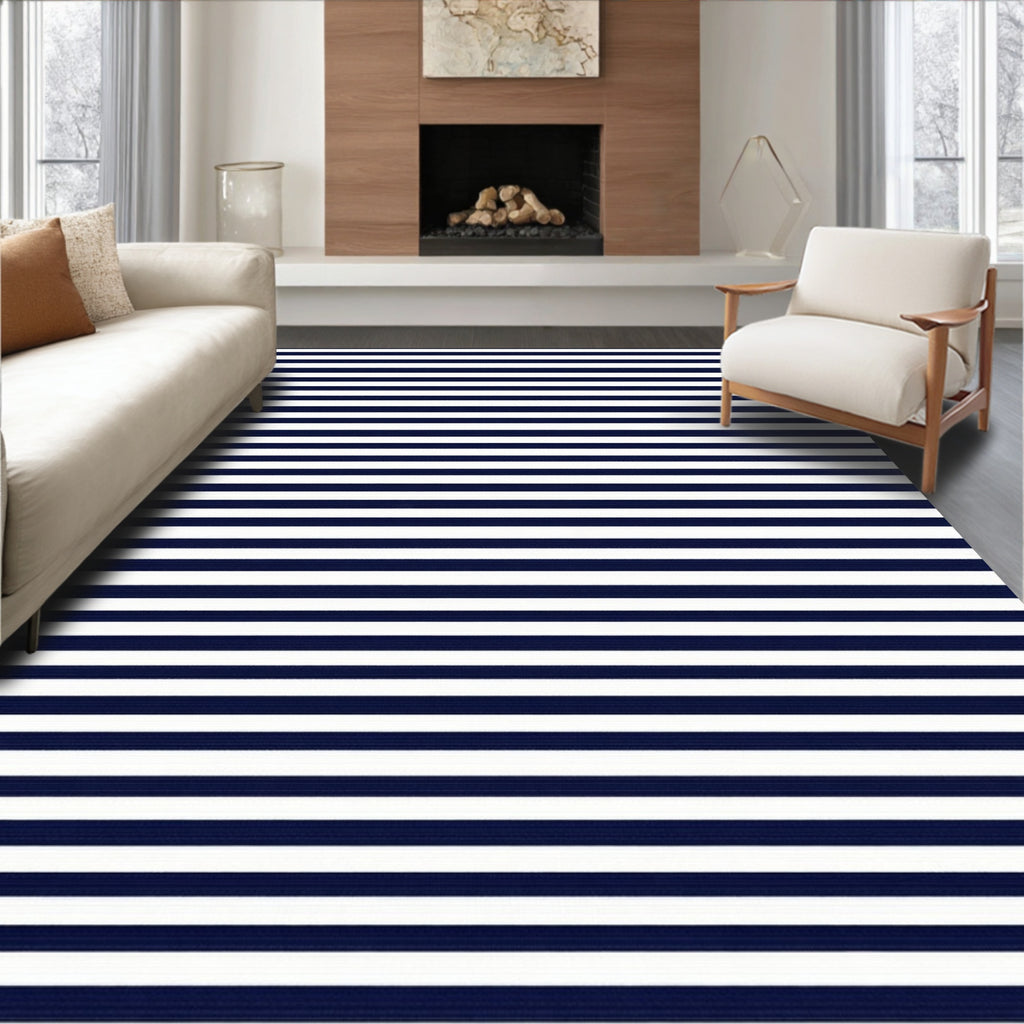 Classic Navy and White Stripe Pattern Rug