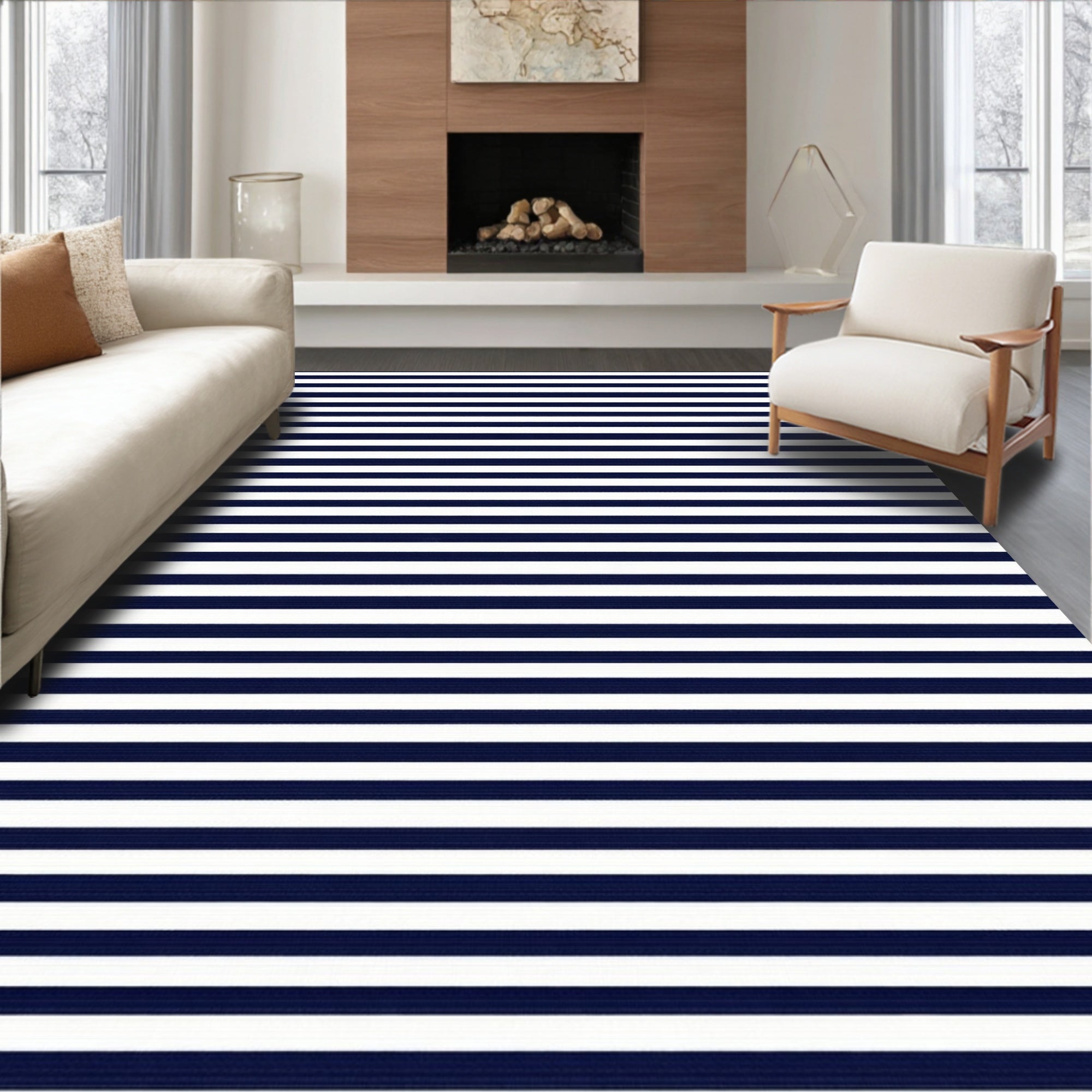 Classic Navy and White Stripe Pattern Rug