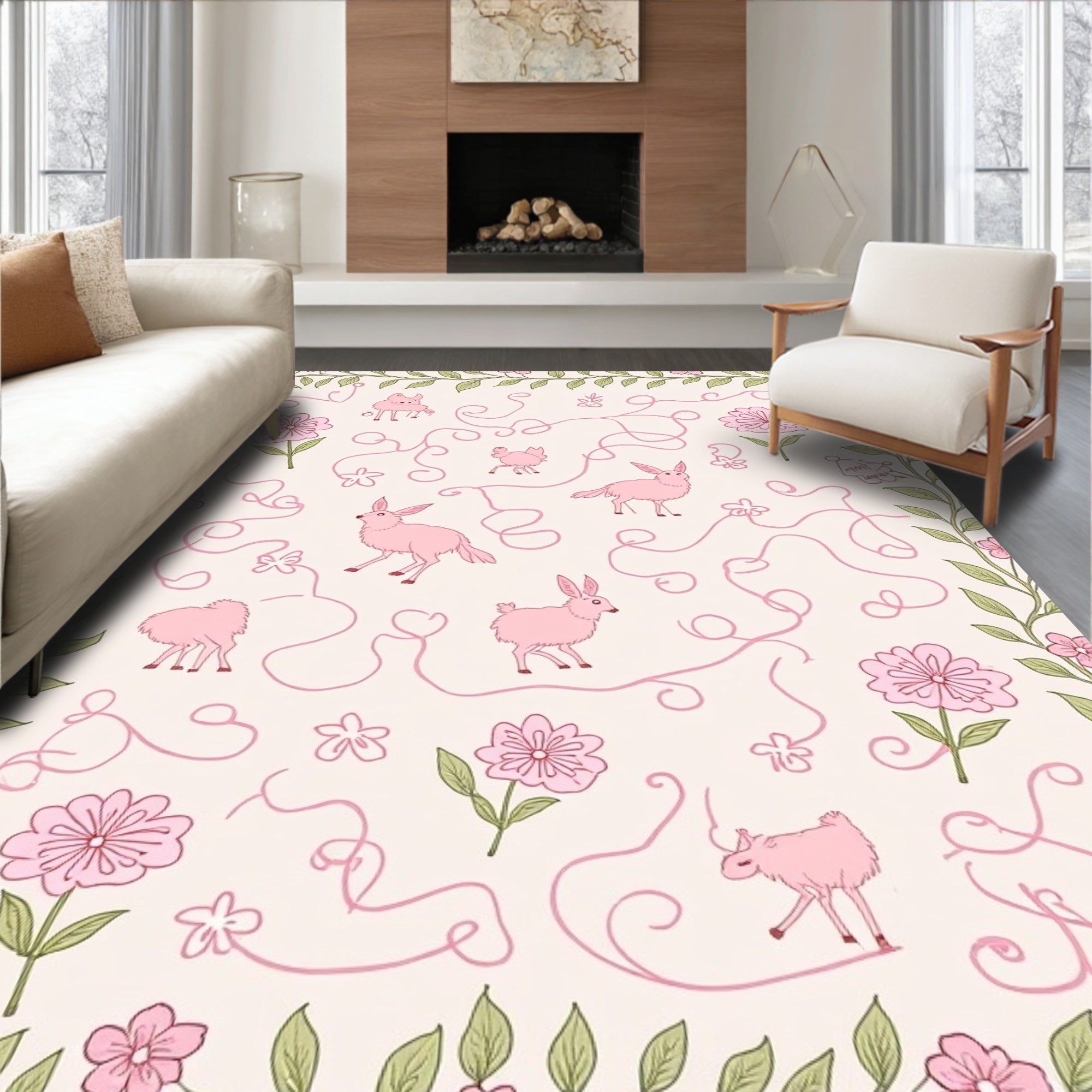 Whimsical Pink Animals Blossom Pattern Rug