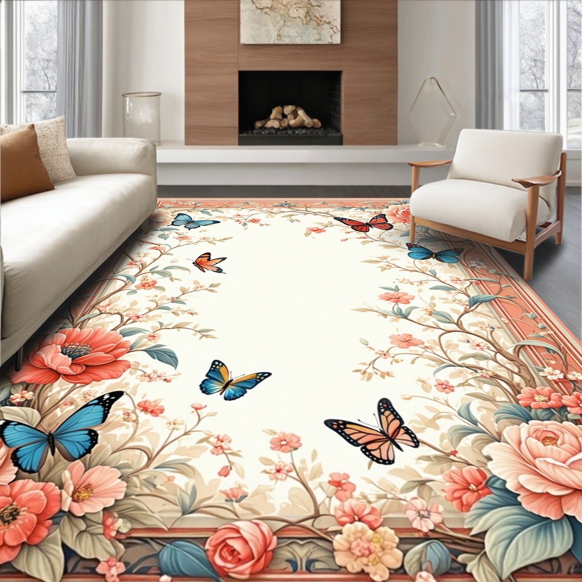 Whimsical Coral Pink Floral Butterfly Garden Rug