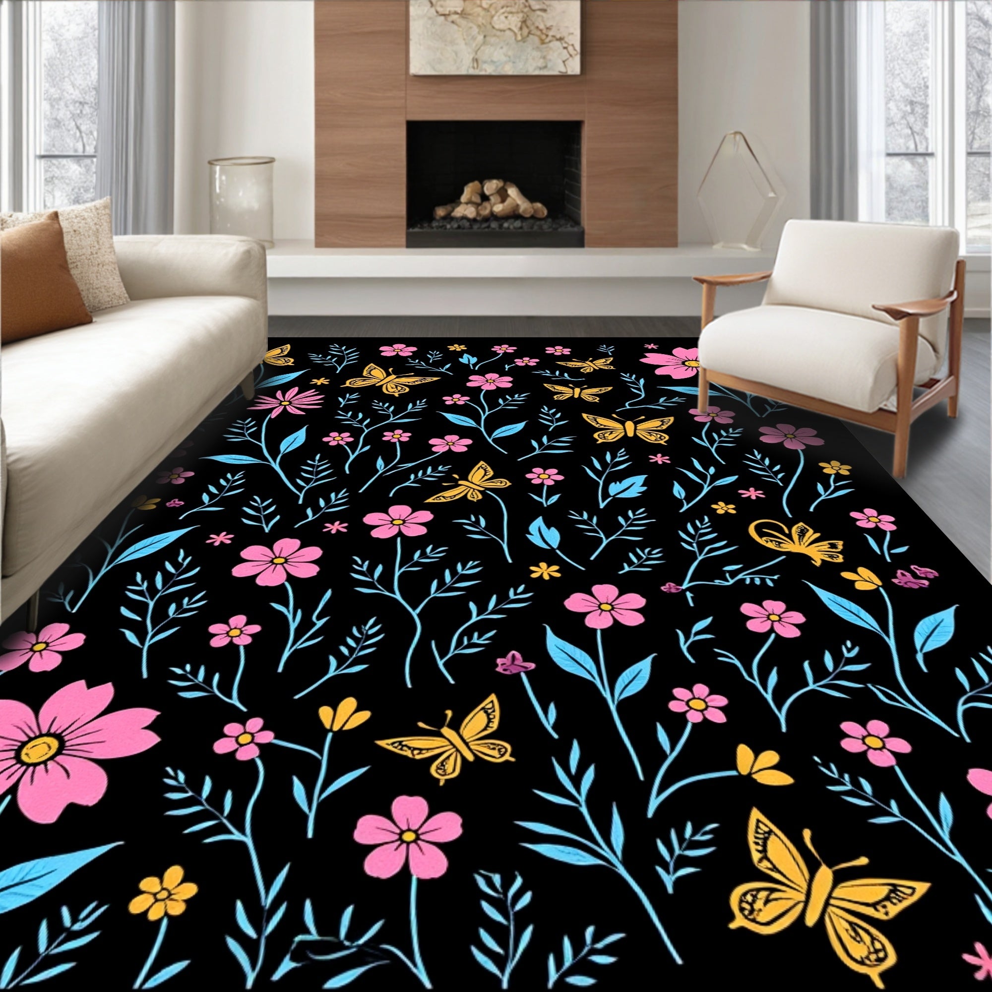 Whimsical Butterflies Floral Pattern Rug