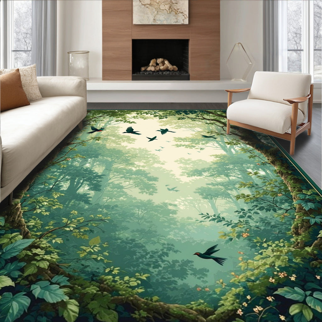Enchanted Forest Bird Flock Pattern Rug