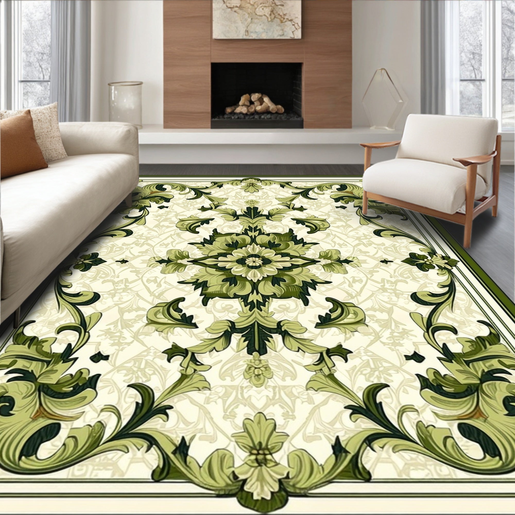 Lush Green Baroque Floral Pattern Rug