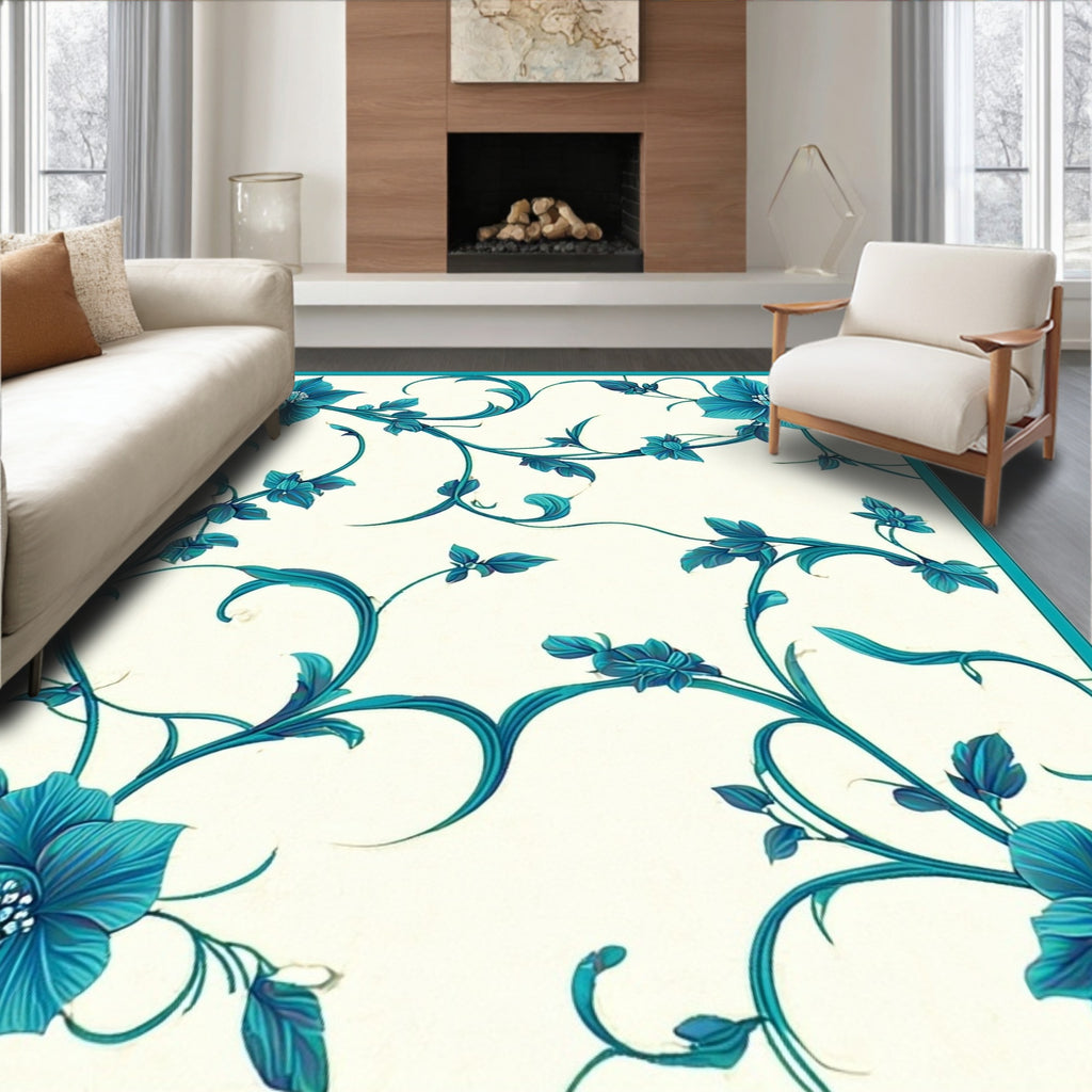 Teal Floral Vines Pattern Rug