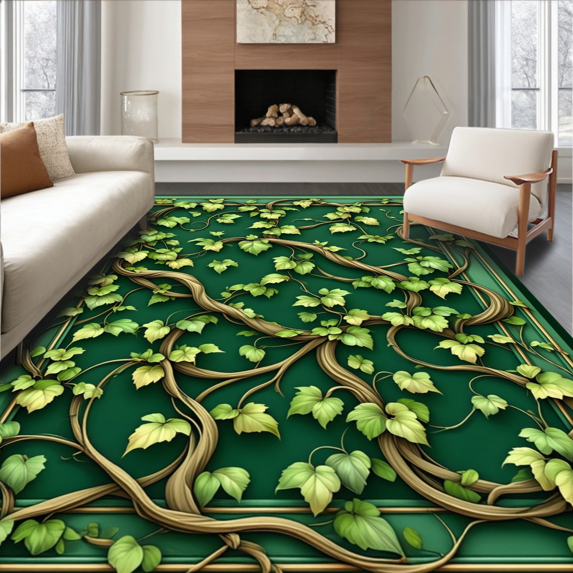 Green Vine And Leaf Patterned Rug