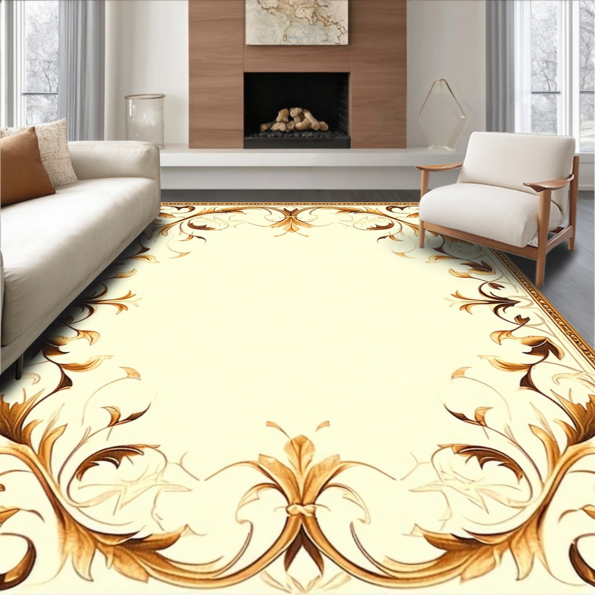 Ornate Golden Floral Vine Design Rug