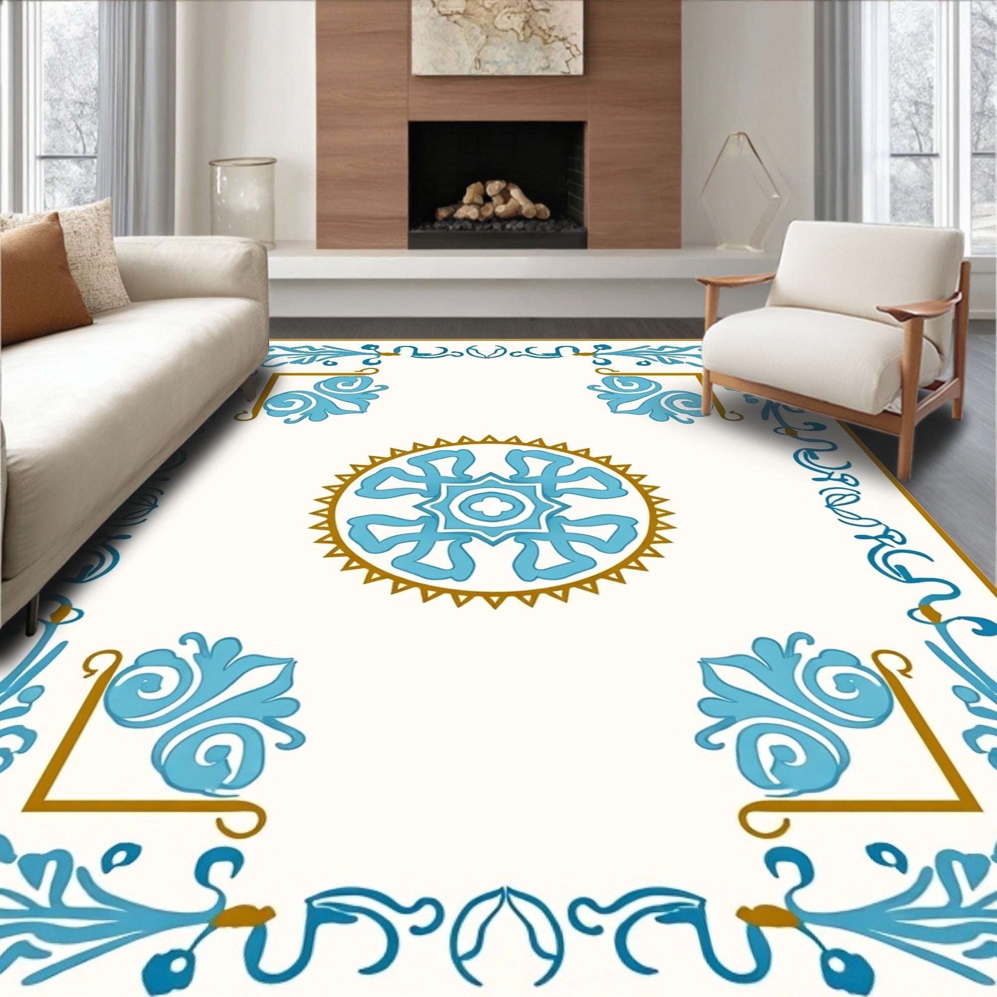 Light Blue Gold Floral Pattern Rug