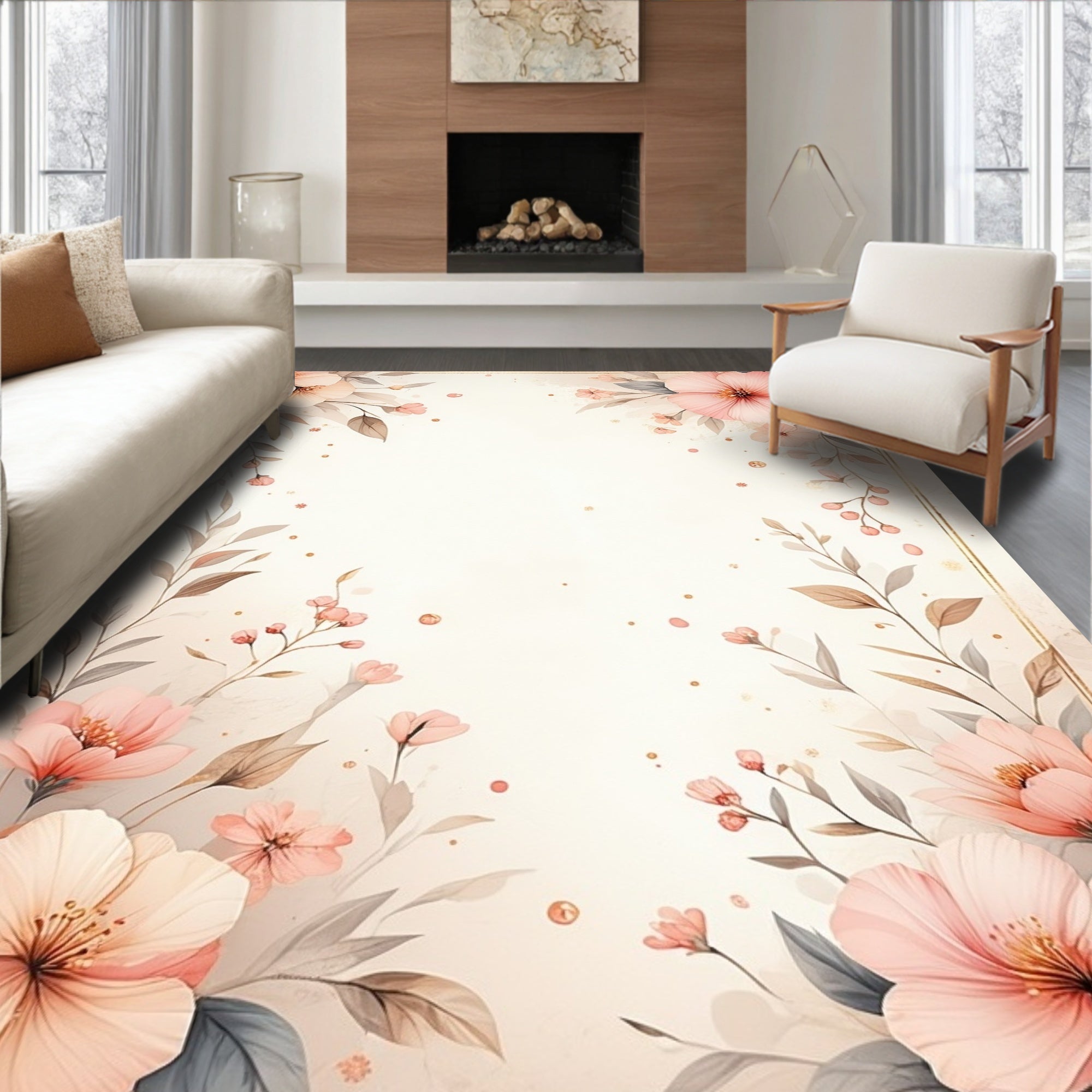 Soft Pink Floral Botanical Garden Rug
