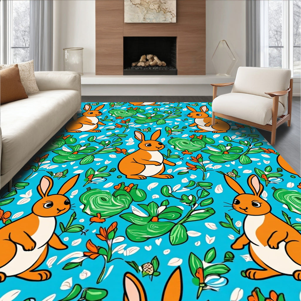 Playful Orange Bunny Floral Pattern Rug