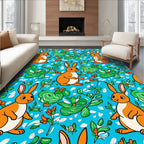 Playful Orange Bunny Floral Pattern Rug