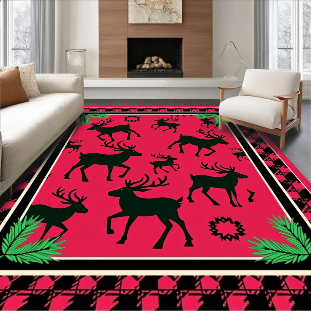 Crimson Reindeer Silhouette Pine Sprig Rug