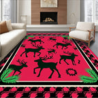 Crimson Reindeer Silhouette Pine Sprig Rug