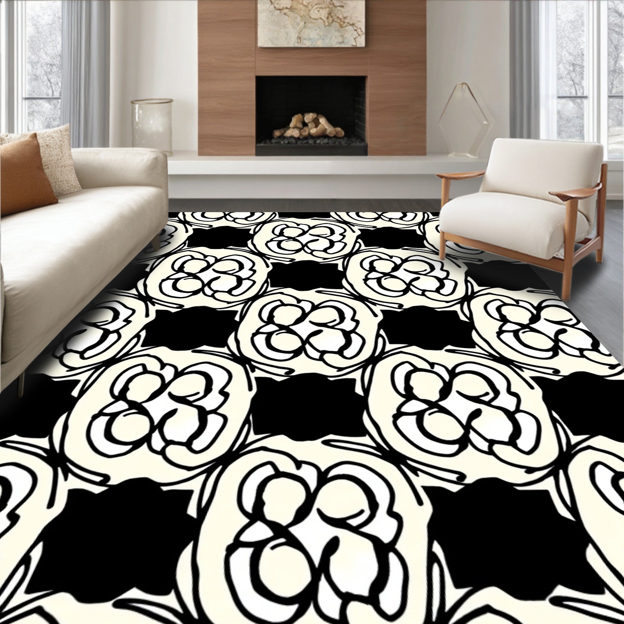 Abstract Floral Black Cream Pattern Rug