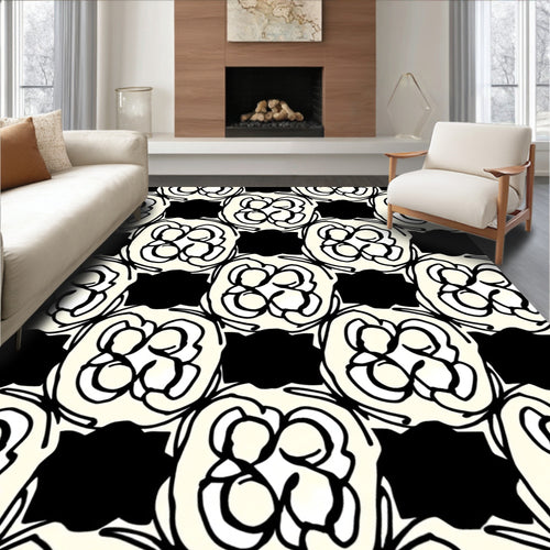 Abstract Floral Black Cream Pattern Rug