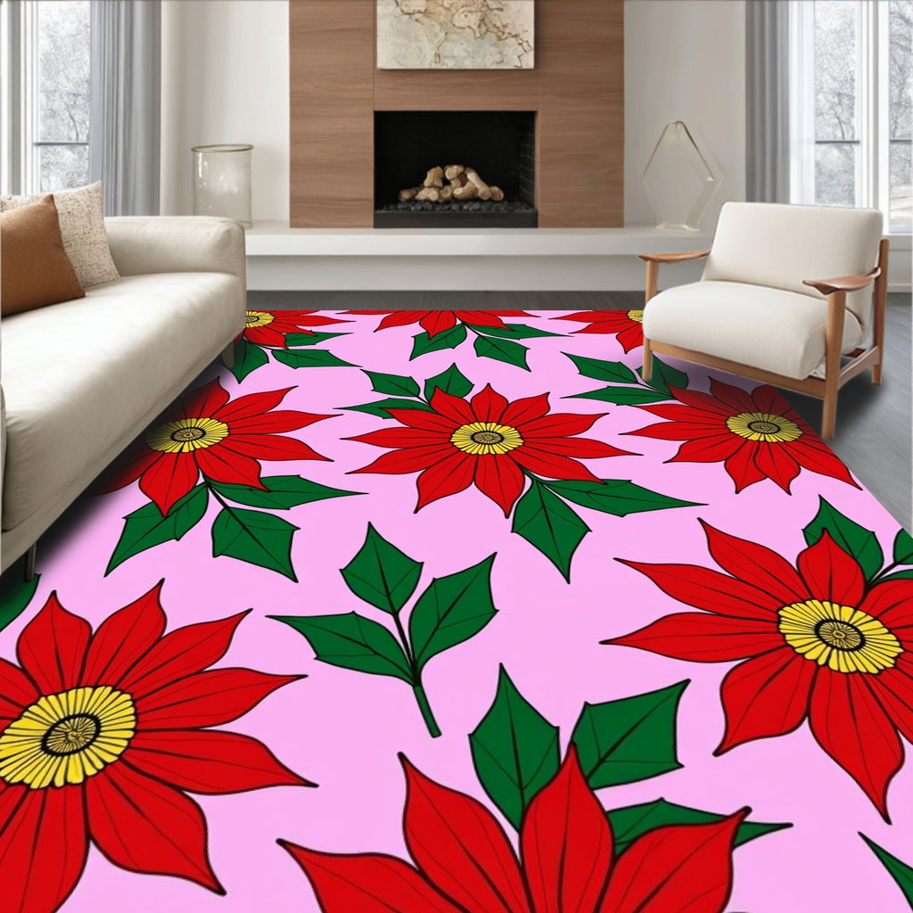 Vibrant Red Floral Garland Pink Rug
