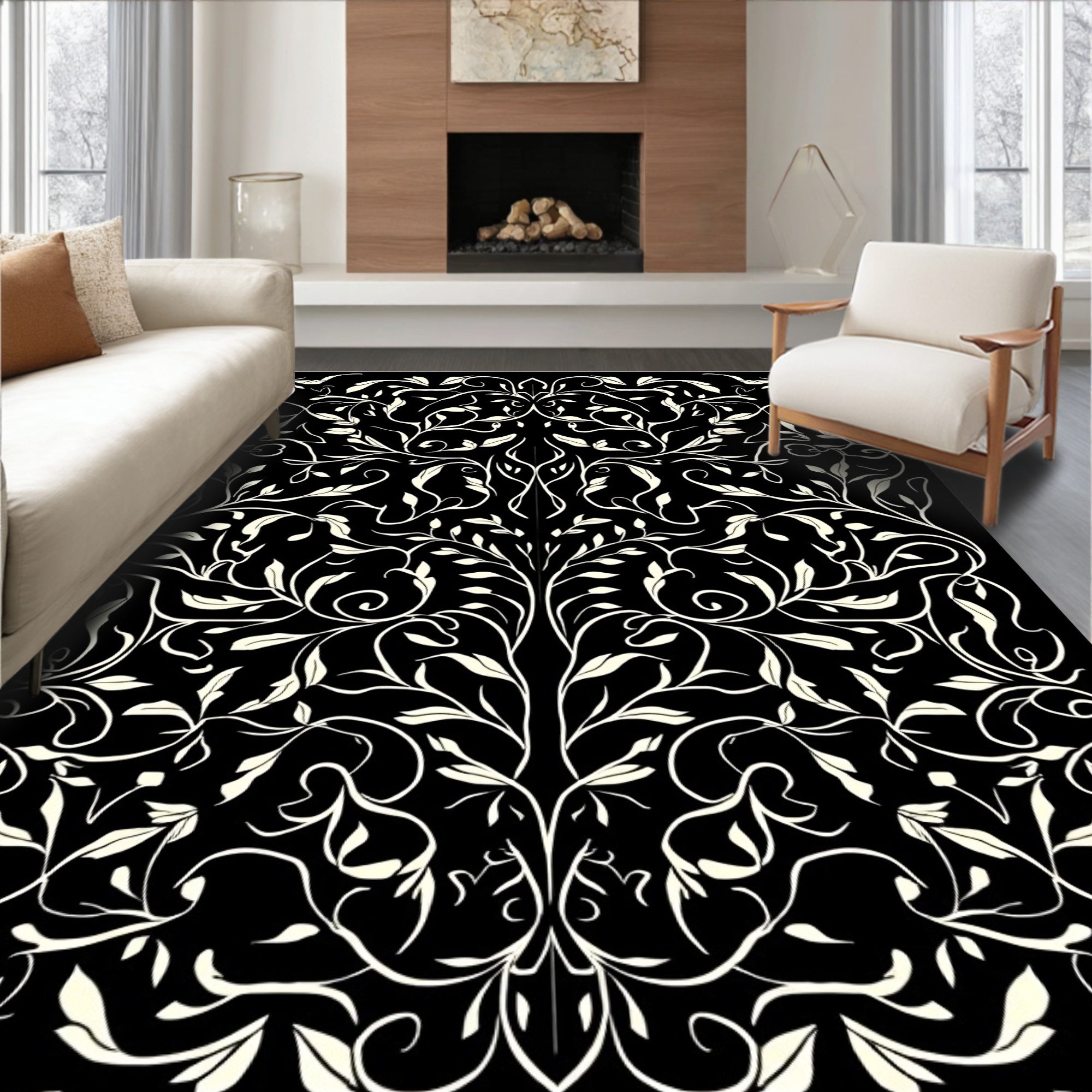 Ornate Black and White Floral Vines Rug