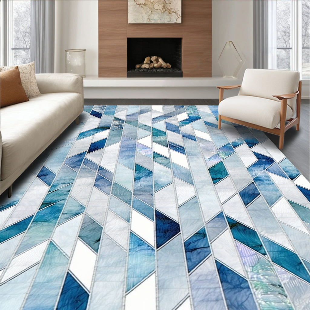 Geometric Blue White Water Effect Rug