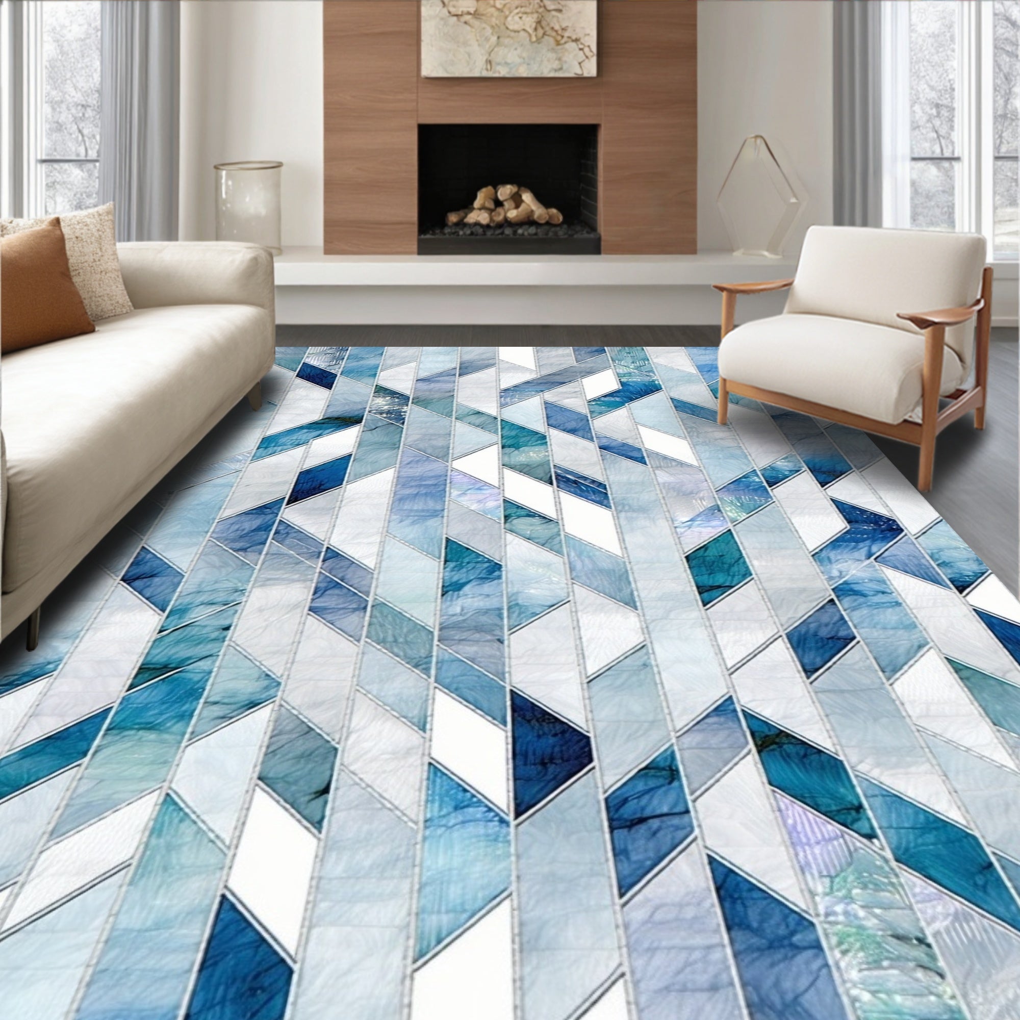 Geometric Blue White Water Effect Rug