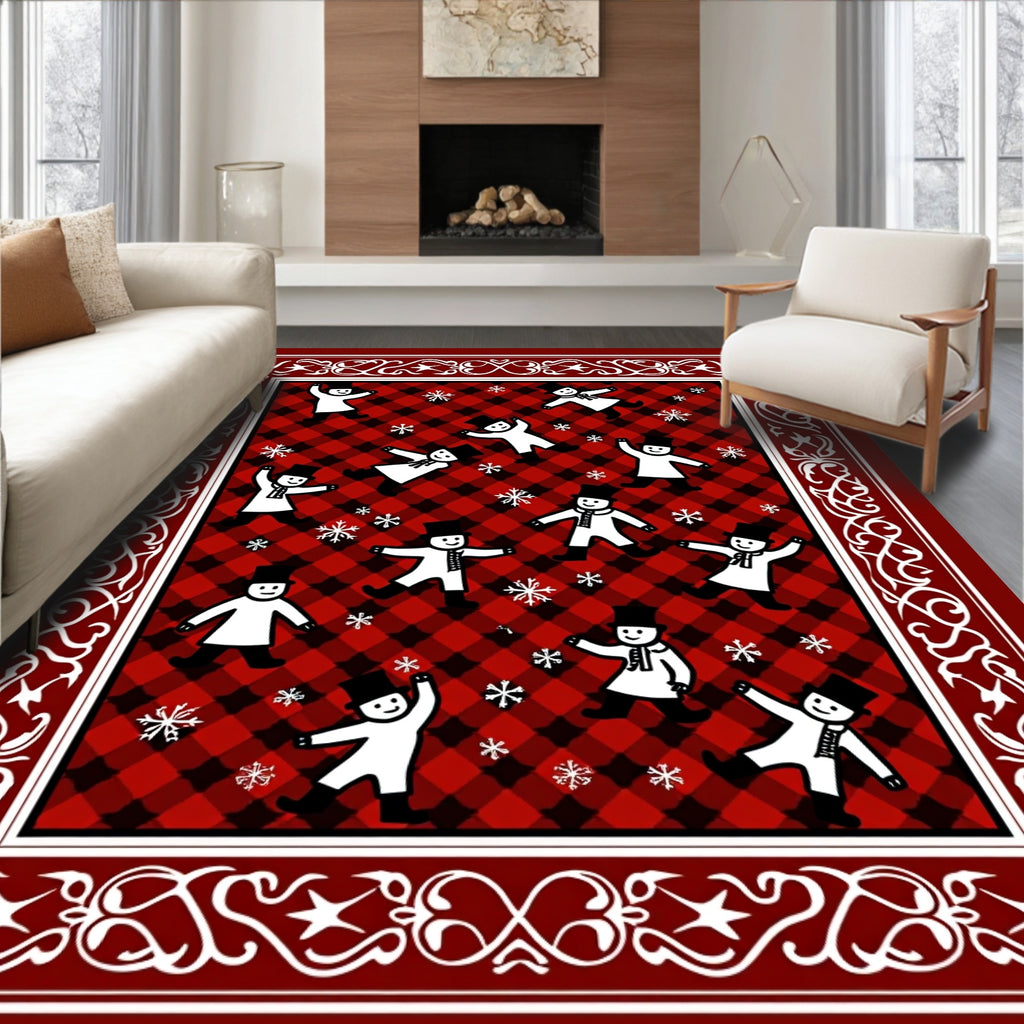 Red Black Buffalo Plaid Snowmenflakes Border Rug