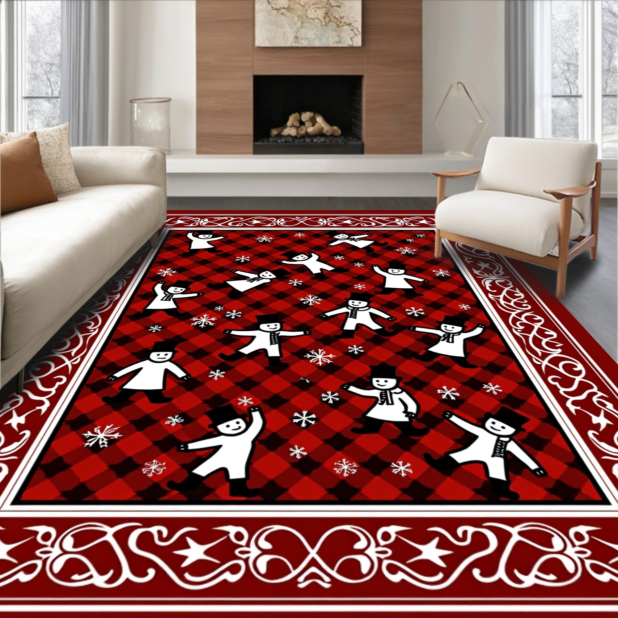Red Black Buffalo Plaid Snowmenflakes Border Rug
