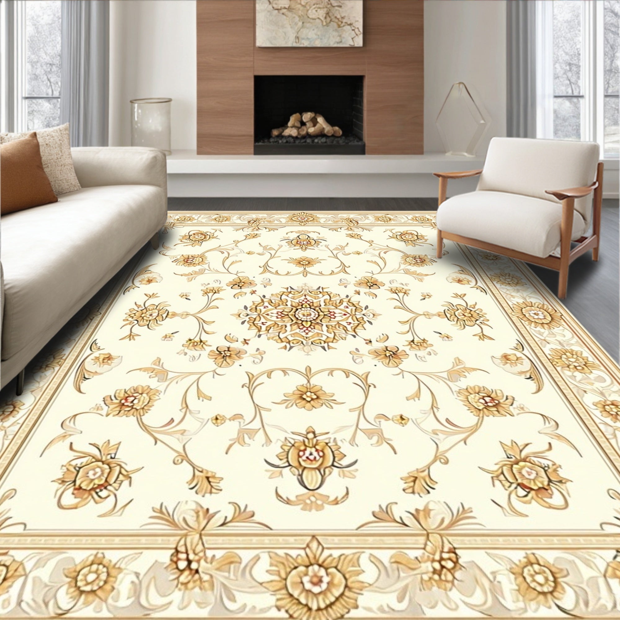 Ornate Floral Scrollwork Cream Rug