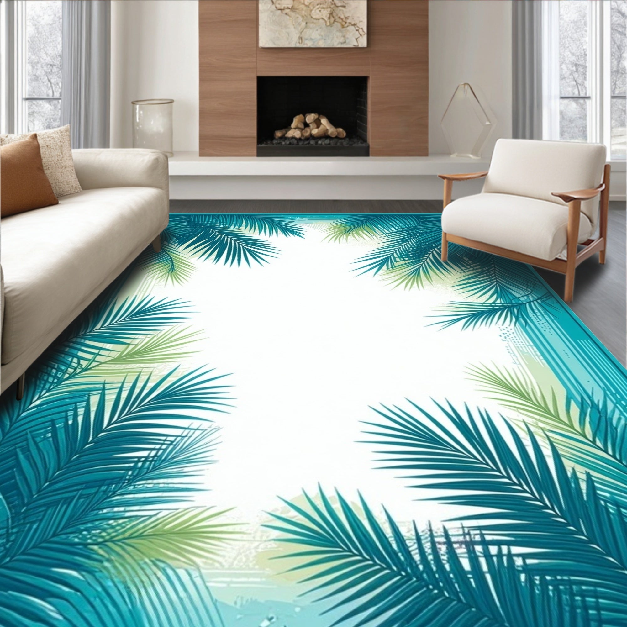 Tropical Palm Leaf Teal Border Rug