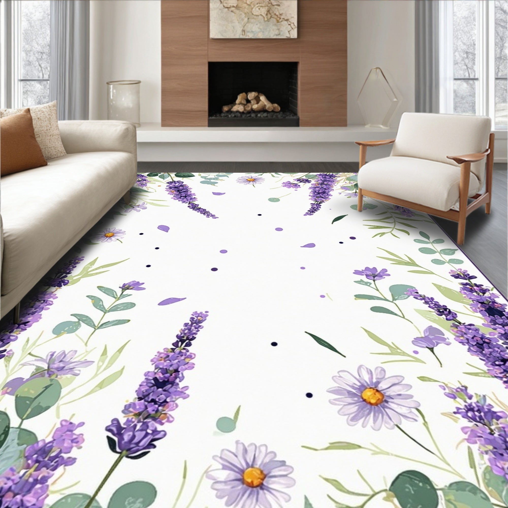 Lavender Daisy Floral Whimsical Rug