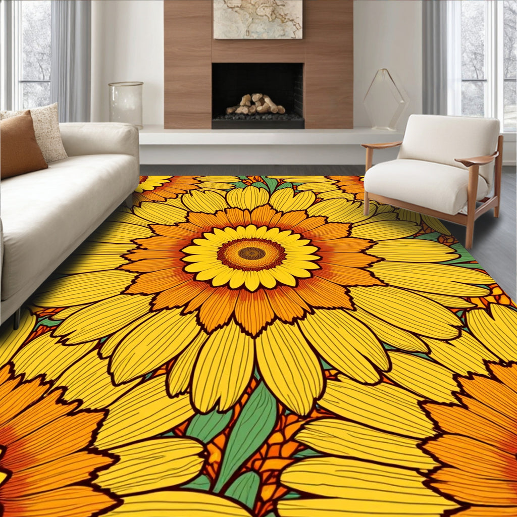 Bold Floral Patterned Yellow Orange Rug