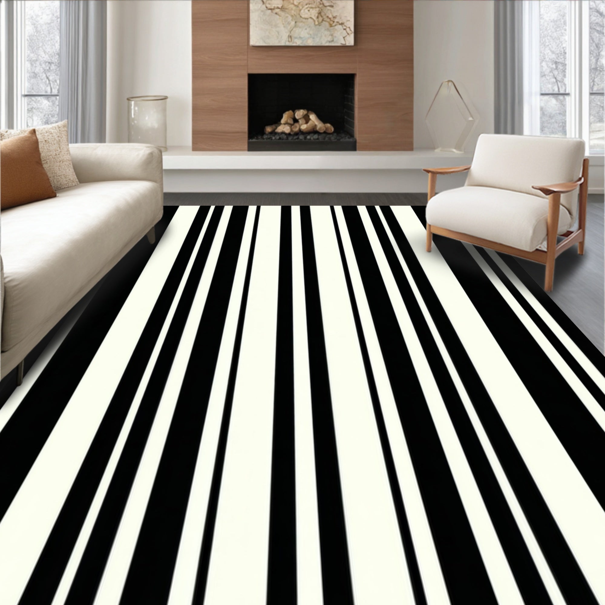 Bold Black White Stripe Pattern Rug